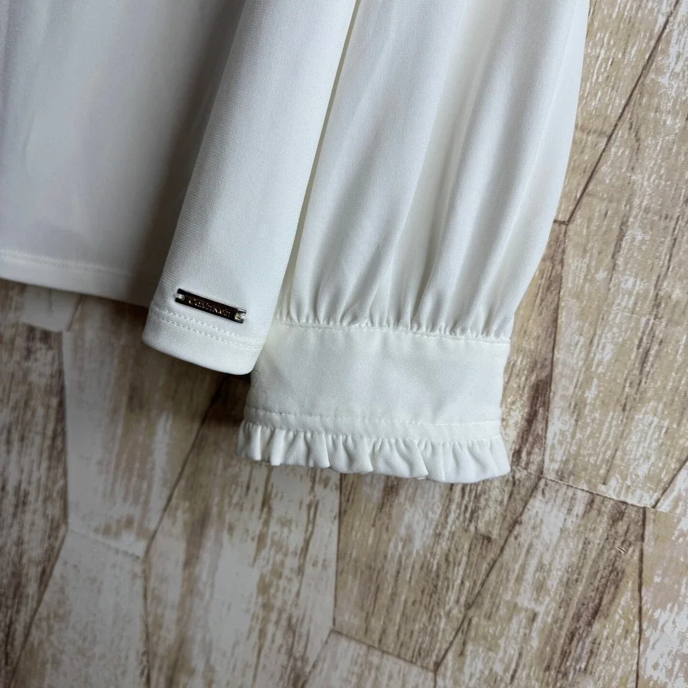 Calvin Klein Womens White Long Sleeve Ruffle Neck Tie Blouse Top Plus‎ Size L